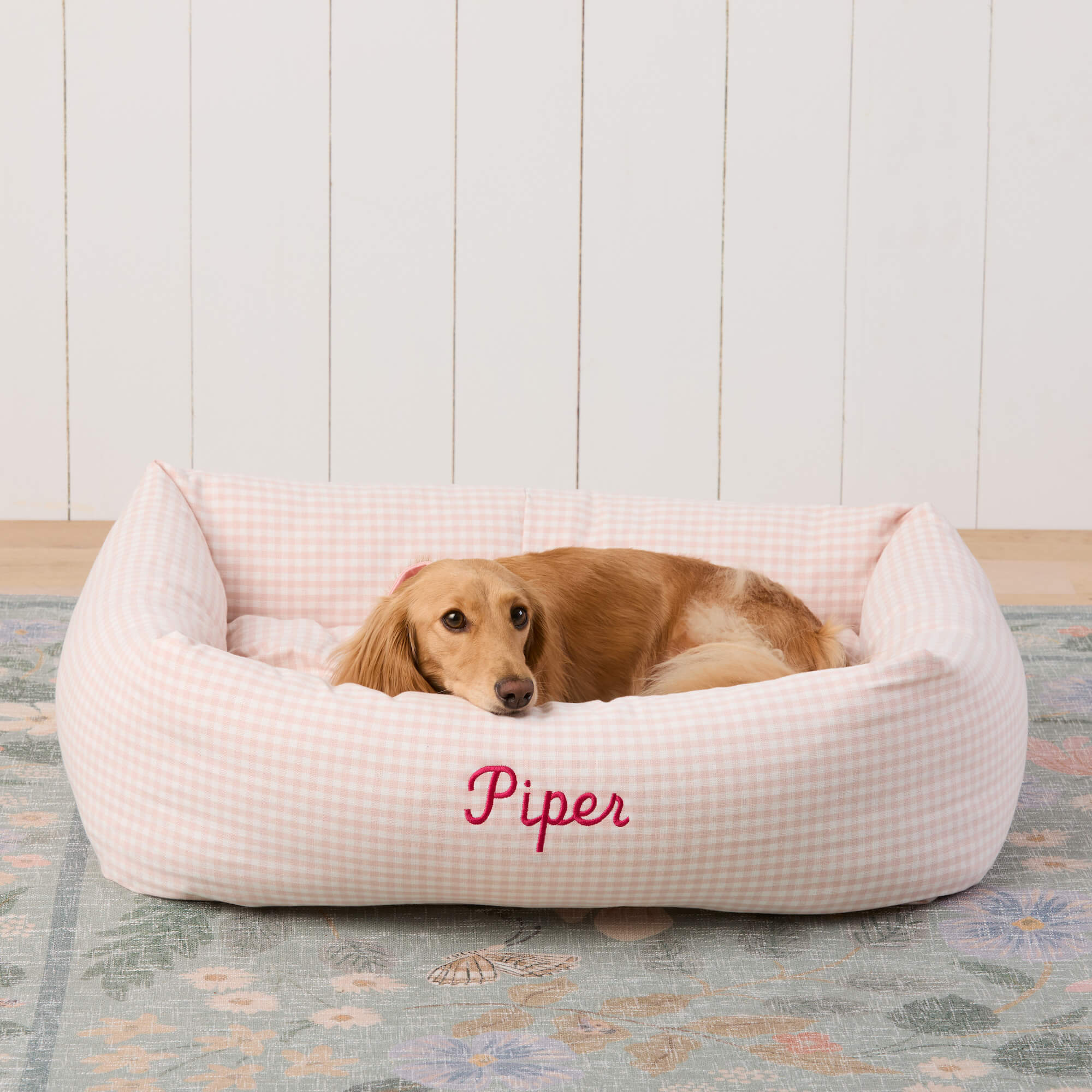 Blush Pink Gingham Bolster Dog Bed - Image 7