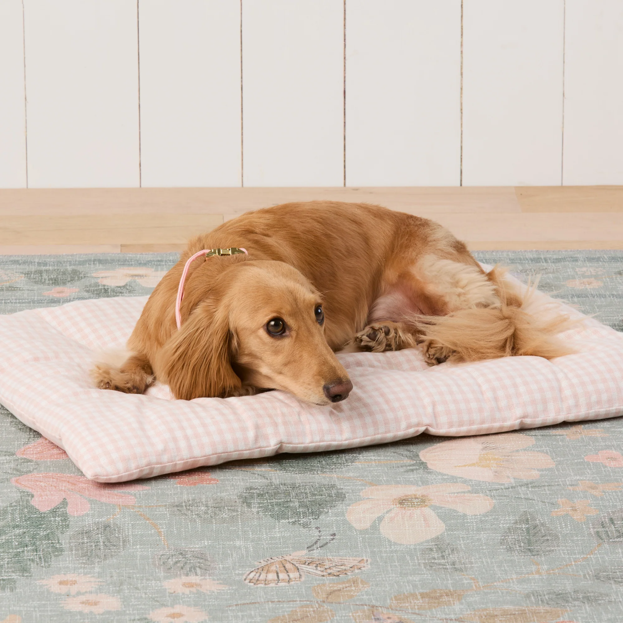 Blush Pink Gingham Bolster Dog Bed - Image 9